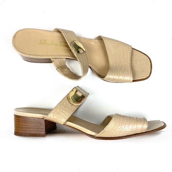 Salvatore Ferragamo Shoes - Salvatore Ferragamo Light Beige Square Toe Strappy Gold Logo Sandals 9 AA